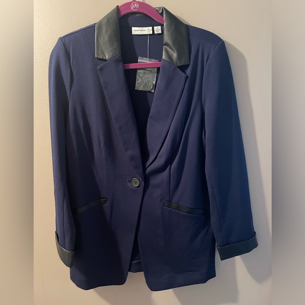Susan Graver faux leather trim, navy blue buttoned blazer NEVER WORN